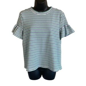 Euc Anthropologie women’s top, striped, blue/green/white, size medium.